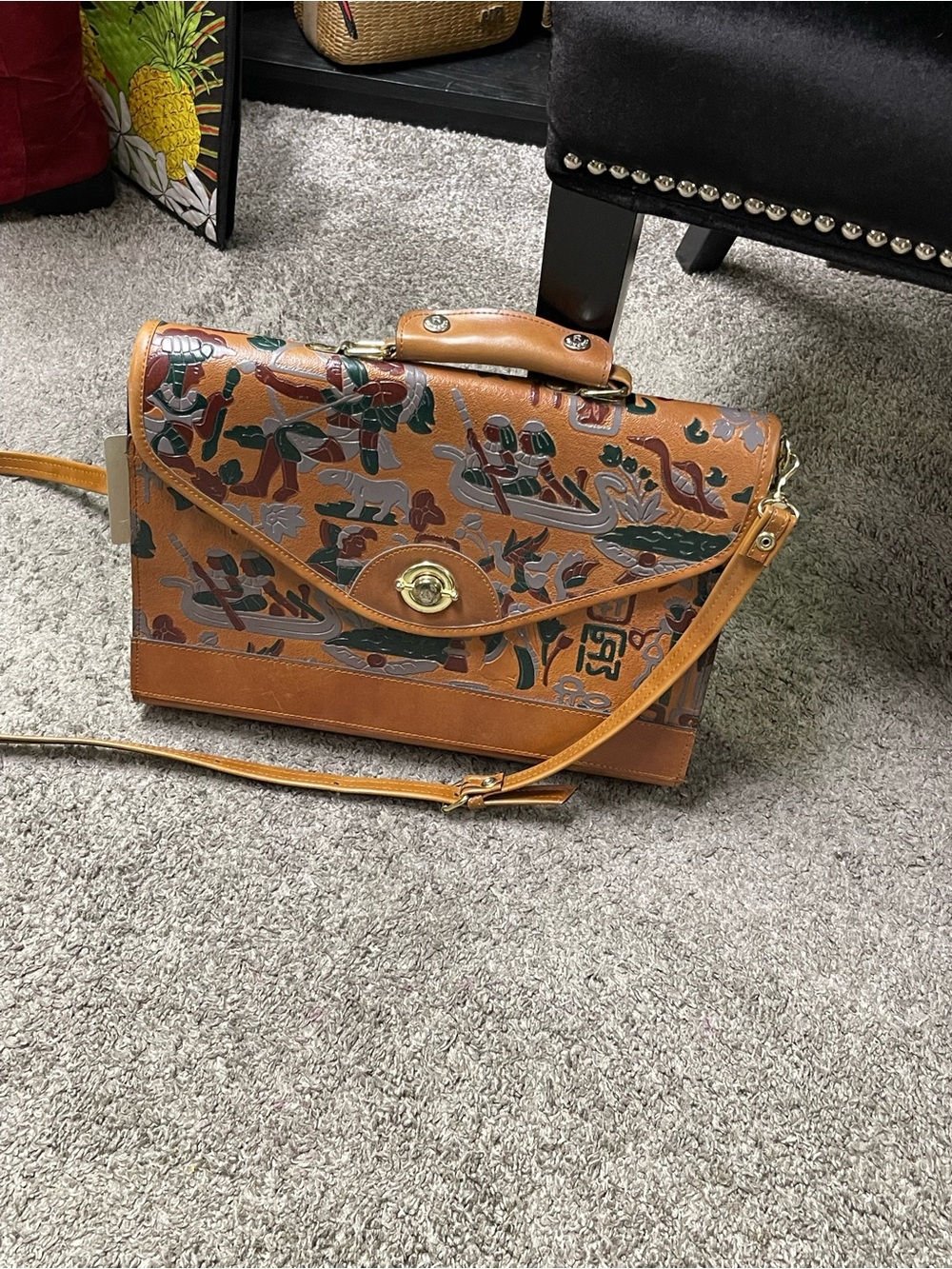 Tan Floral Print Top-Handle Crossbody Bag